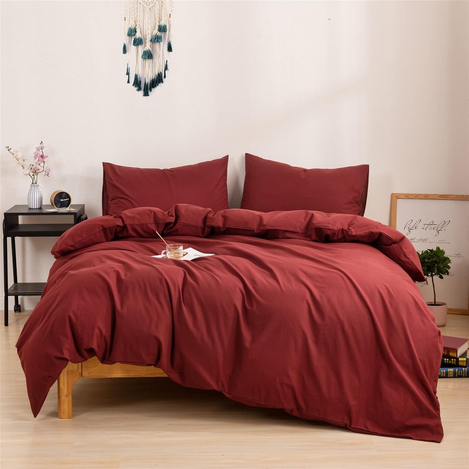 Twin Cotton Embroidered Cactus Reversible Duvet Cover Set with Zipper Closure S9340