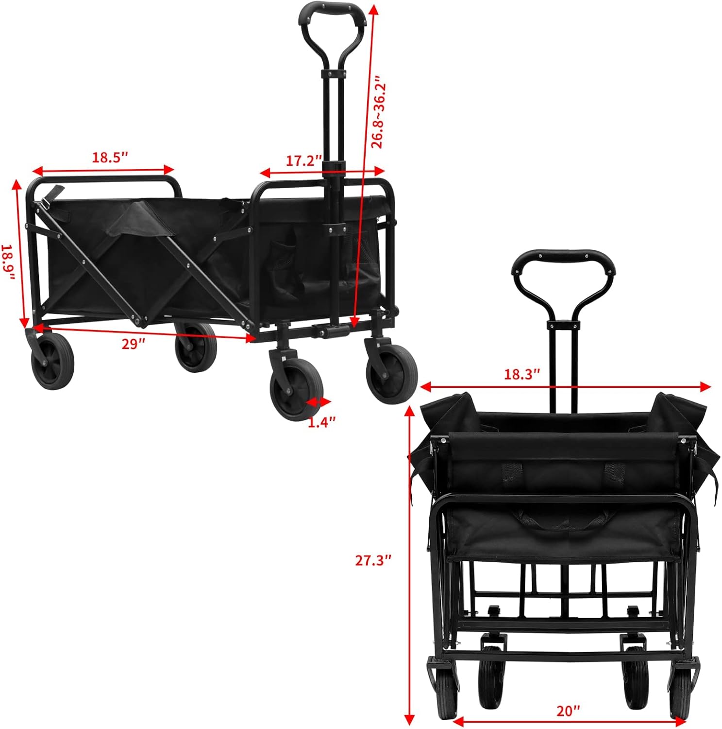Black Collapsible Folding Wagon with 5 Solid Rubber Wheels E871