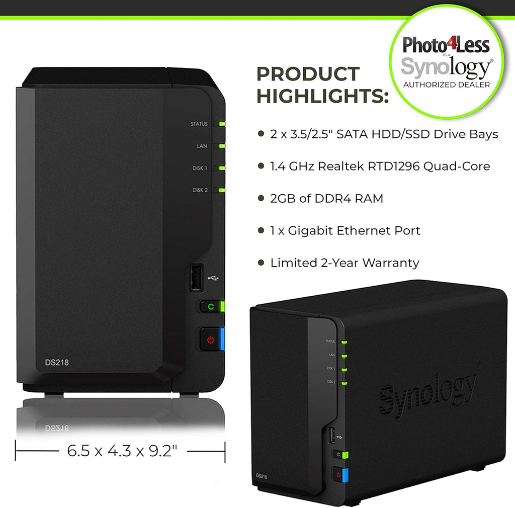 2 Bay NAS DiskStation DS218 Diskless with 2 WD Red Pro 4TB Hard Drives 7200 Class T5862