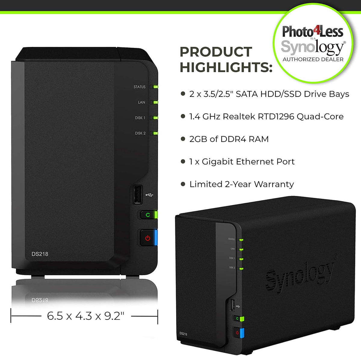 2 Bay NAS DiskStation DS218 Diskless with 2 WD Red Pro 4TB Hard Drives 7200 Class T5862