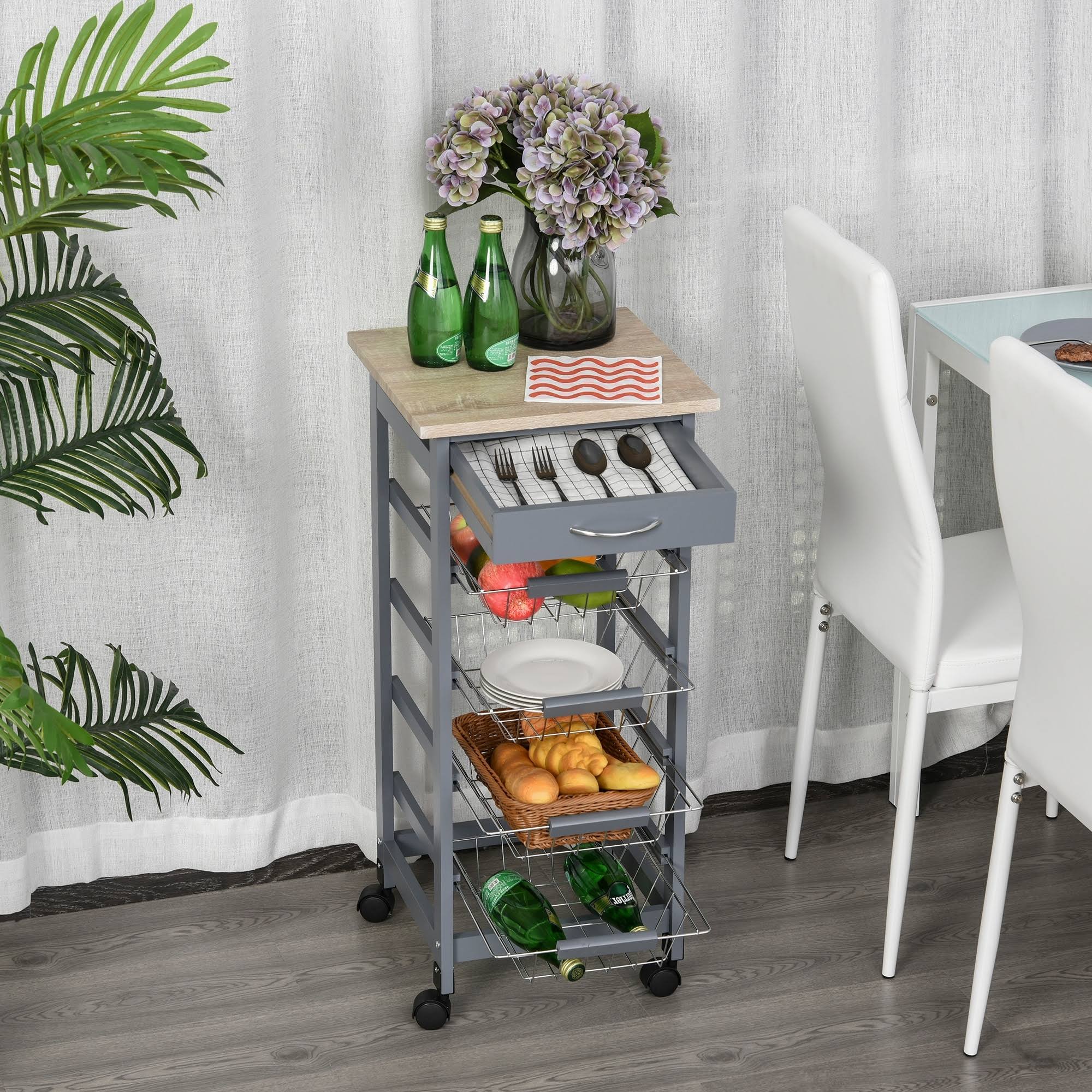 White Wooden Rolling Kitchen Storage Cart J51244