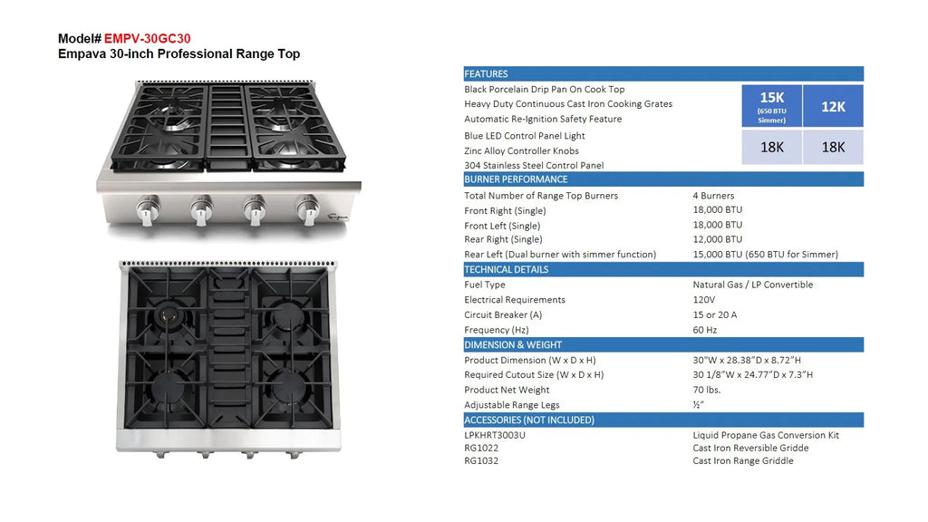 30 in. Stainless Steel Slide-in Natural Gas Rangetop with 4 Burners I2490