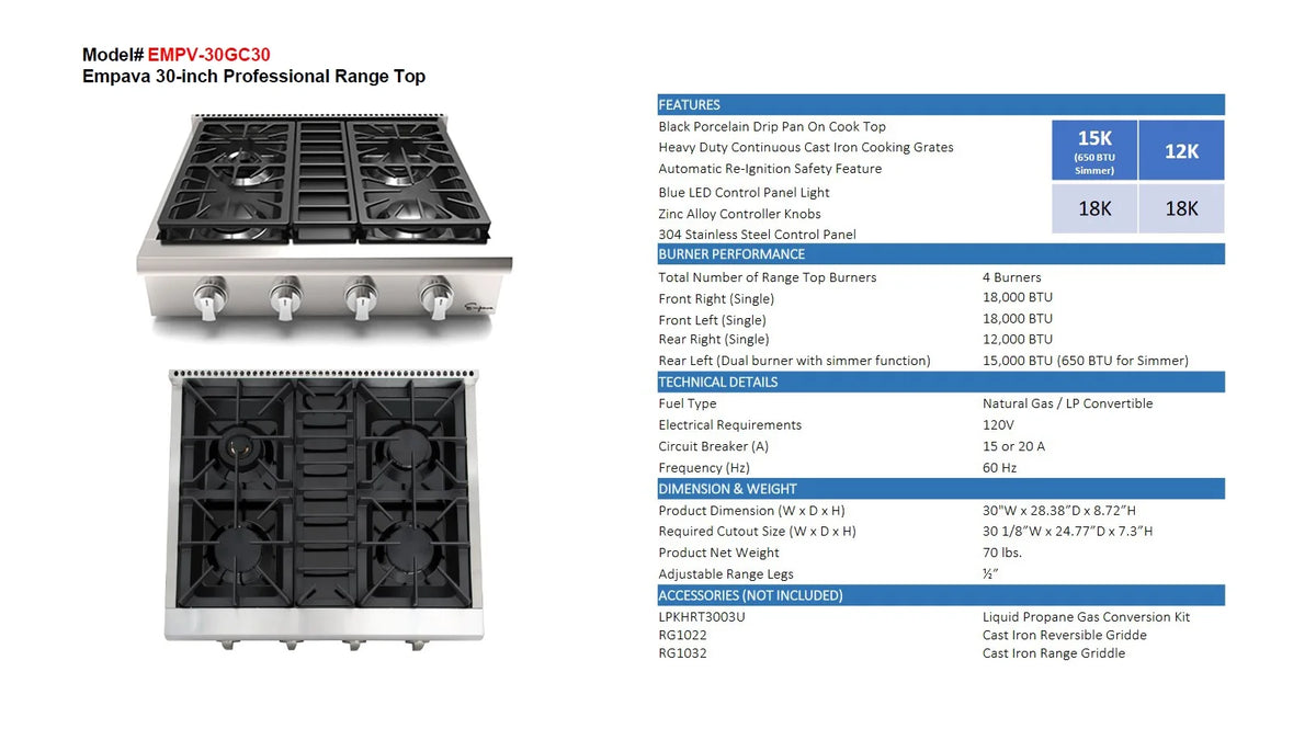 30 in. Stainless Steel Slide-in Natural Gas Rangetop with 4 Burners I2490