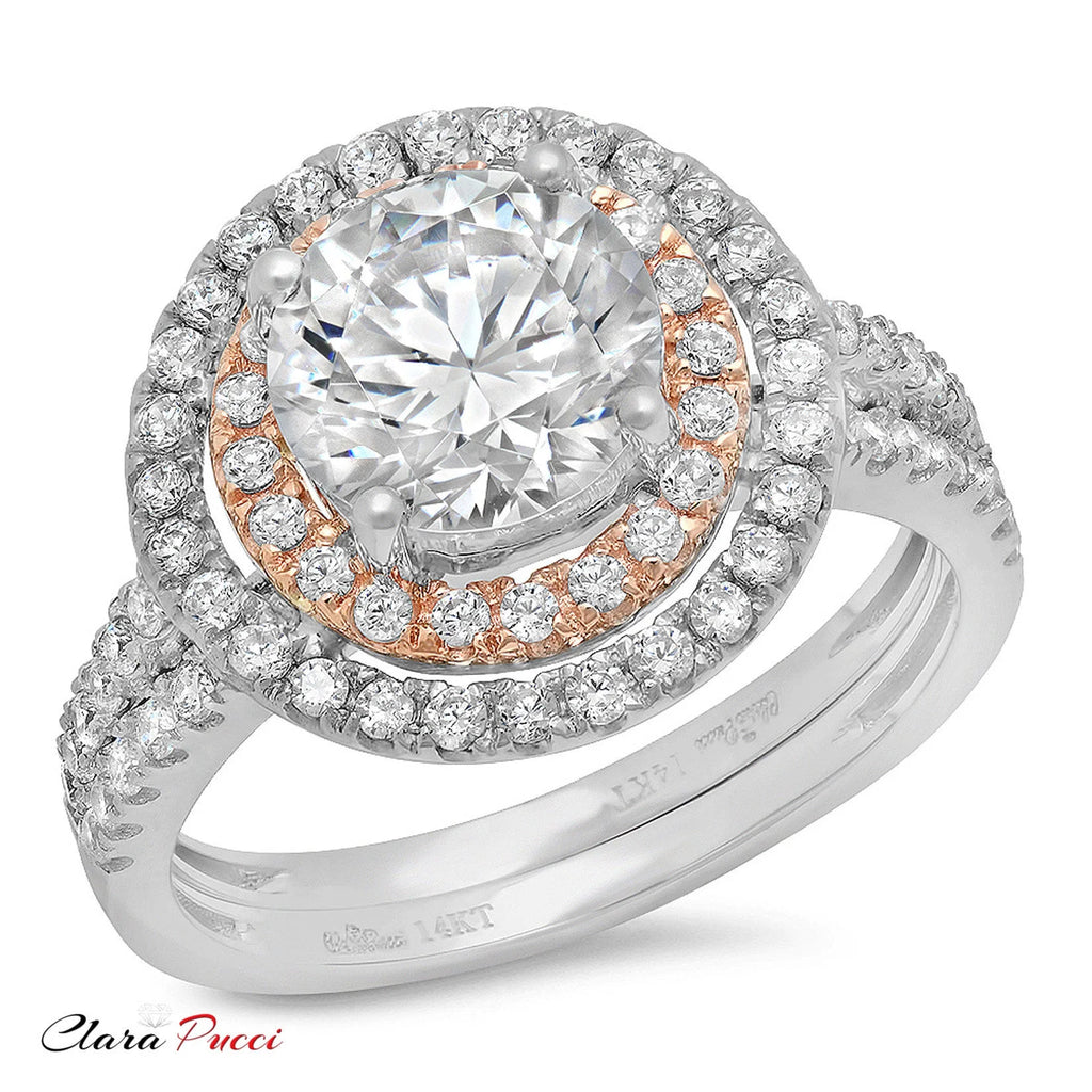 14K White Rose Gold Halo Diamond Engagement Ring Set size 7 D783