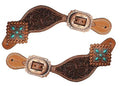 Tooled Leather Spur Straps with Turquoise Stone Conchos G16864