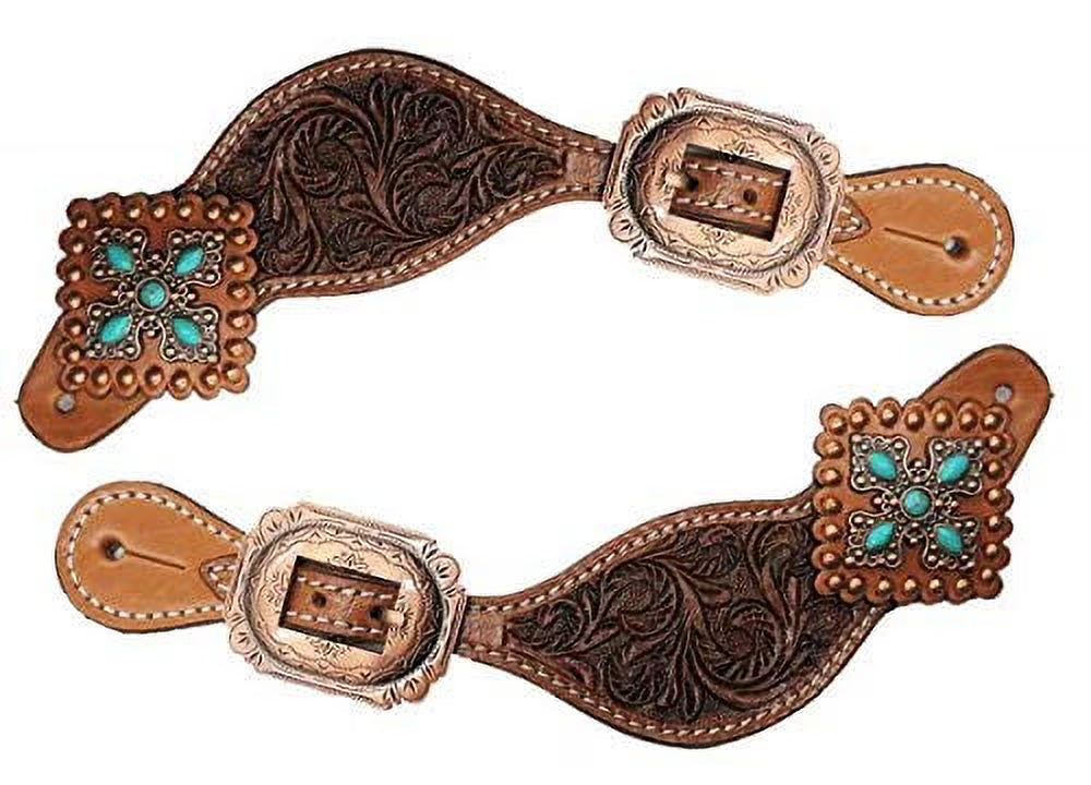 Tooled Leather Spur Straps with Turquoise Stone Conchos G16864
