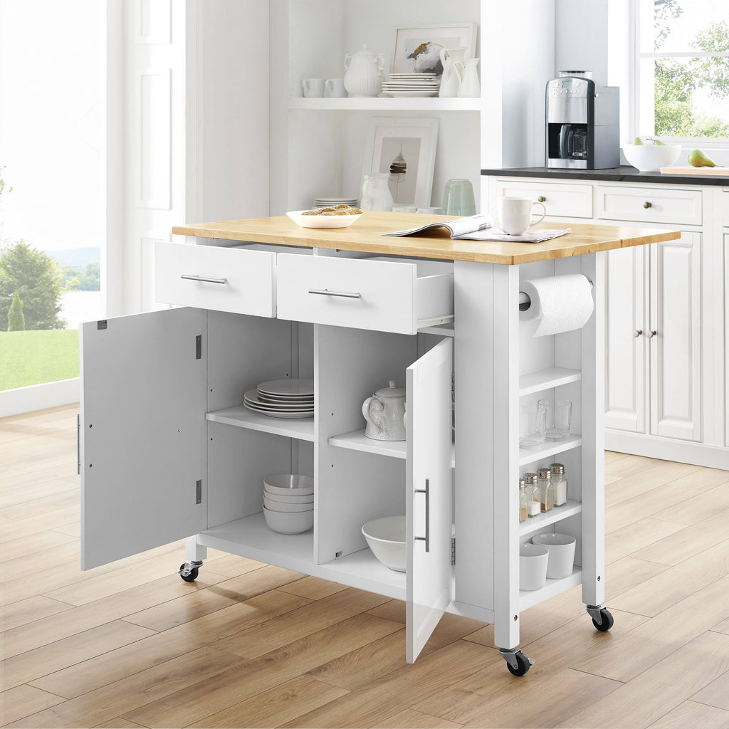 White Natural Wood Top Drop-Leaf Kitchen Island Cart S97335