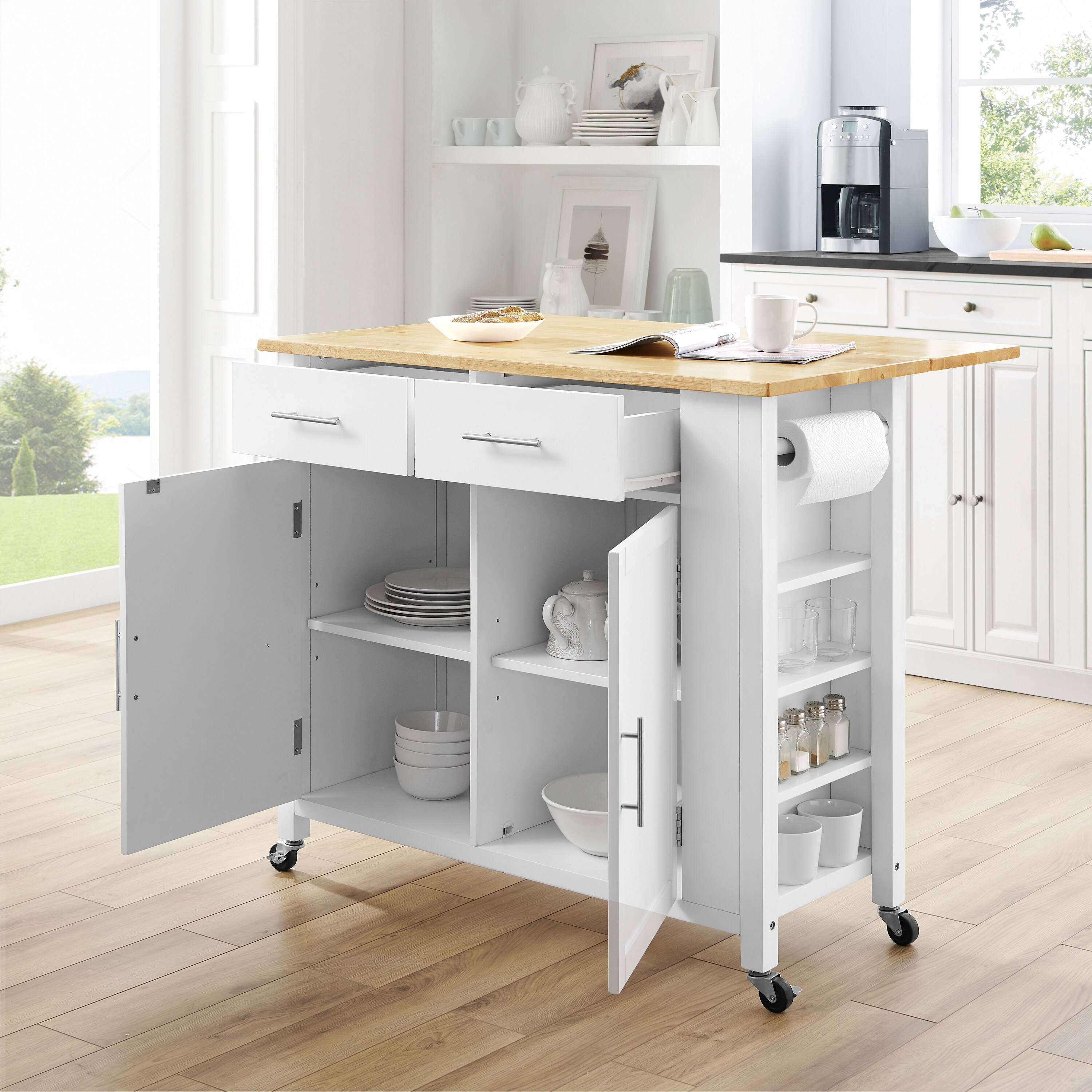 White Natural Wood Top Drop-Leaf Kitchen Island Cart S97335