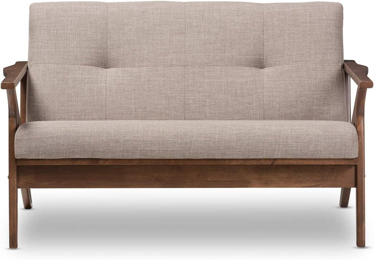 Walnut Wood Light Grey Fabric Tufted 2-Seater Loveseat C44261