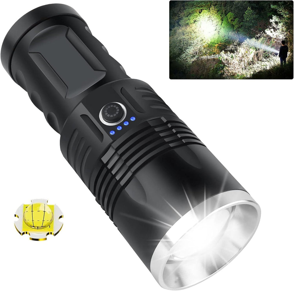 Rechargeable 100000 Lumens Tactical LED Flashlight with 3 Modes, 4 Batteries, Zoomable, IPX5 Waterproof W924