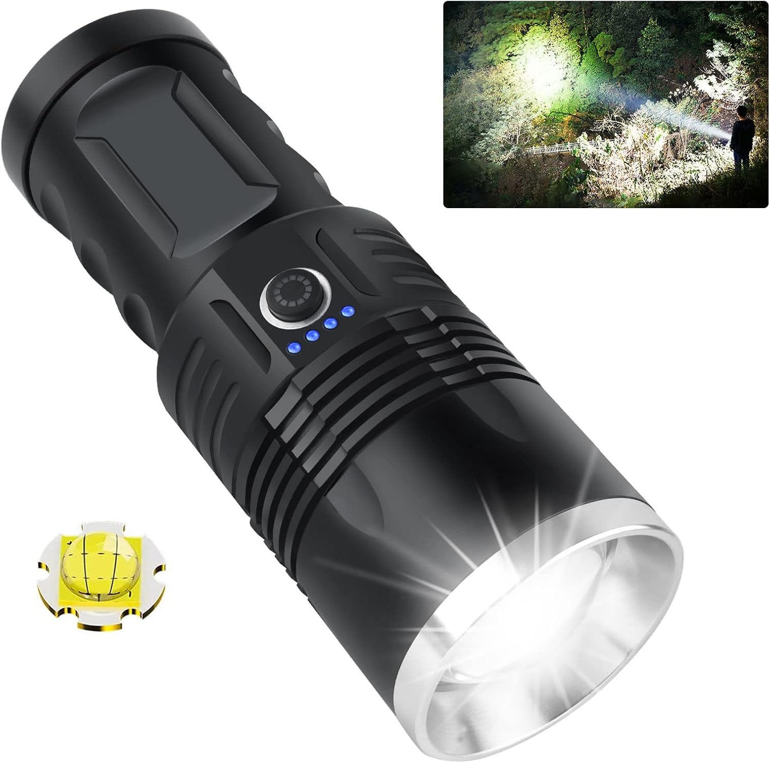 Rechargeable 100000 Lumens Tactical LED Flashlight with 3 Modes, 4 Batteries, Zoomable, IPX5 Waterproof W924