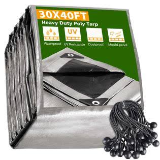 30x40 ft Waterproof 10mil Poly Tarp with 25 Ball Bungees S3849