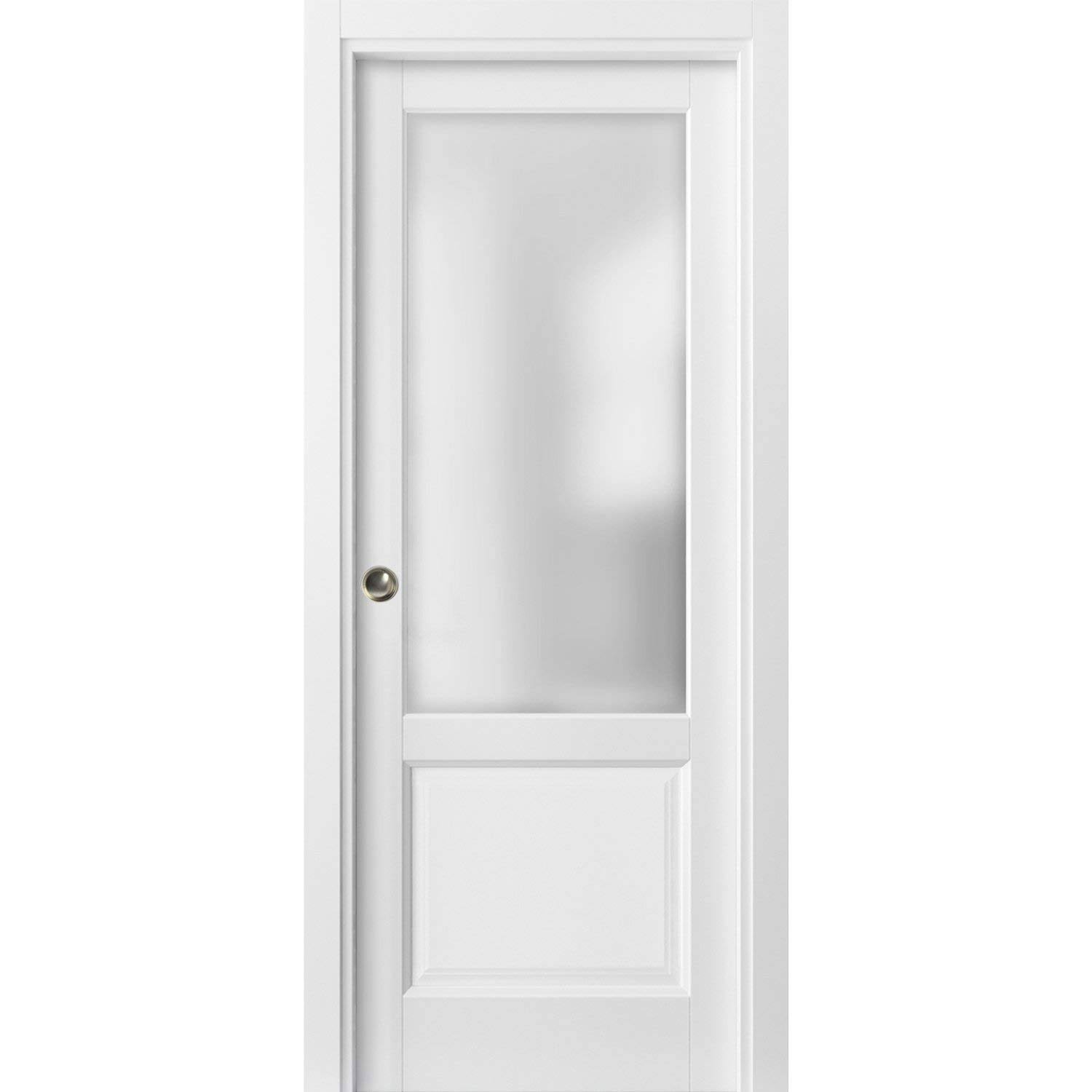 Panel Lite Pocket Door 30 x 80 with Frames Matte White with Glass Rail Hardware Wood Pantry Sliding Door G393