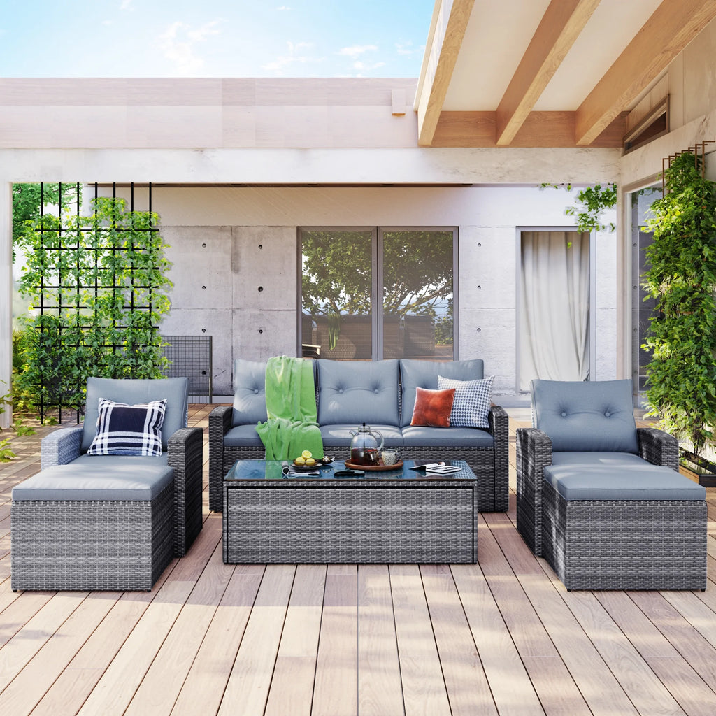 6-piece Wicker PE Rattan Patio Outdoor Dining Conversation Sectional Set with Coffee Table J781861