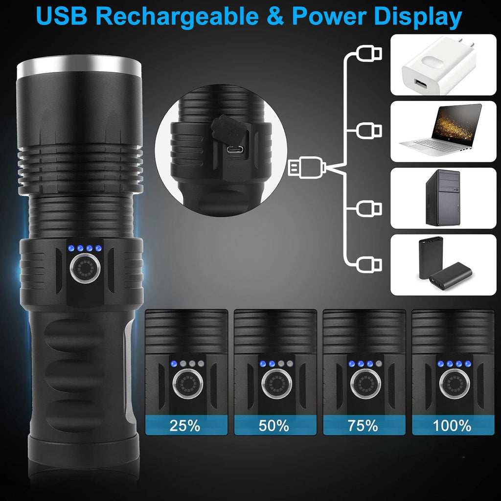 Rechargeable 100000 Lumens Tactical LED Flashlight with 3 Modes, 4 Batteries, Zoomable, IPX5 Waterproof W924