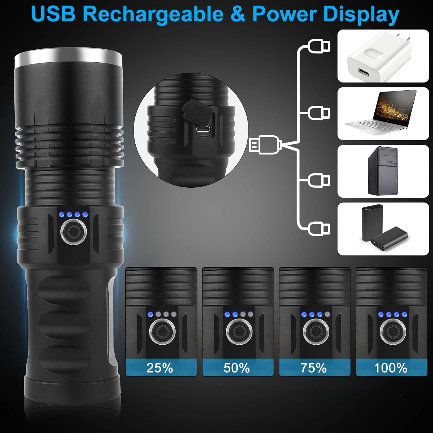 Rechargeable 100000 Lumens Tactical LED Flashlight with 3 Modes, 4 Batteries, Zoomable, IPX5 Waterproof W924