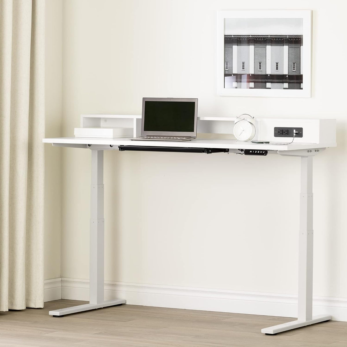 Pure White Adjustable Height Standing Desk with Built In Power Bar R137481