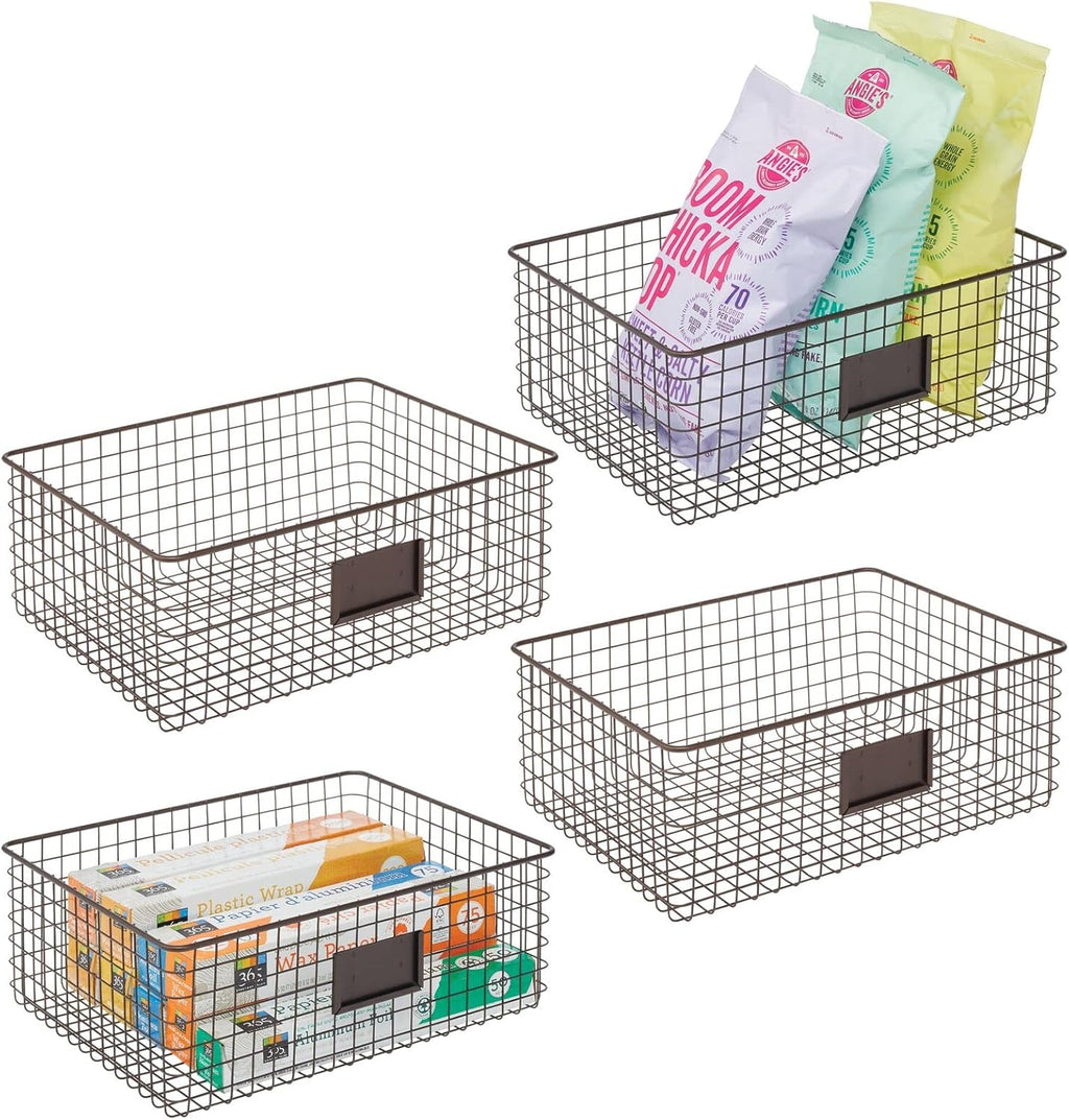 Bronze Metal Wire Food Organizer Storage Bin Basket with Label Slot, 4 Pack S1231