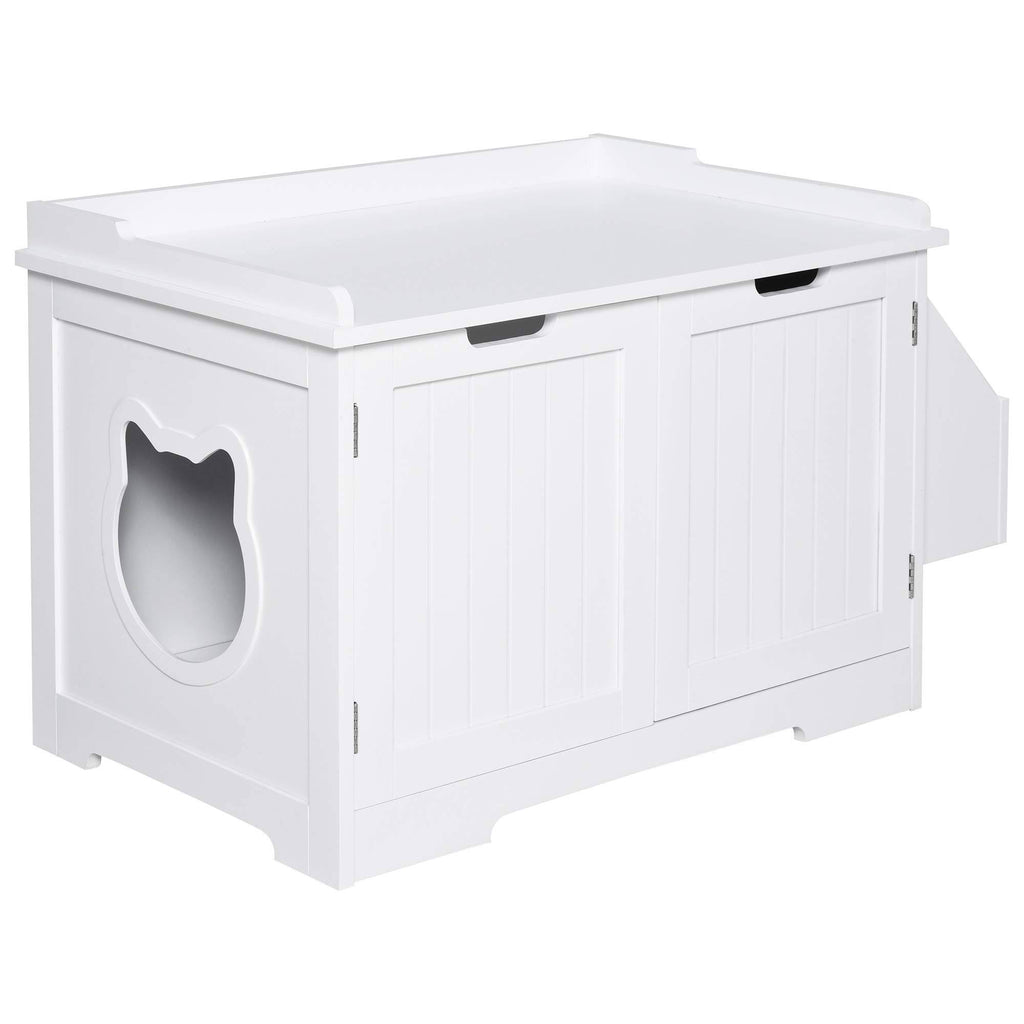 White Wooden Cat Litter Box Enclosure with Nightstand and Storage Rack Q473814