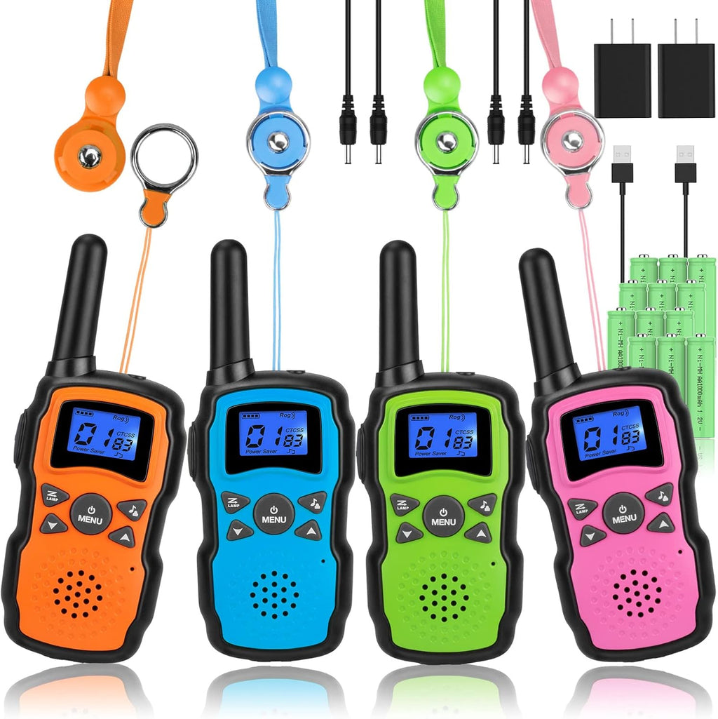 Rechargeable Walkie Talkies 4 Pack with 2 USB Chargers 12 Batteries A908