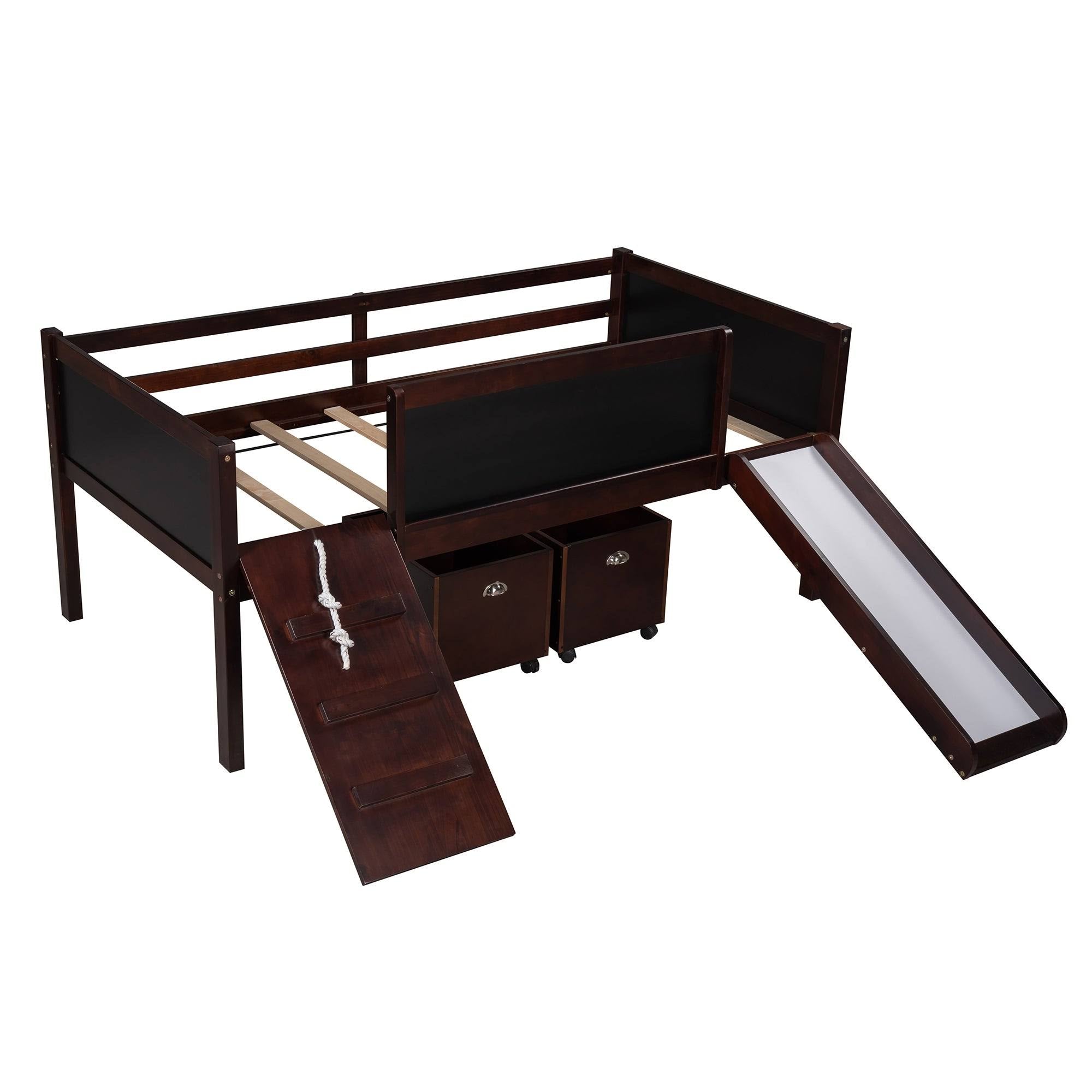 Espresso Pine Wood Twin Loft Bed with 2 Storage Boxes I437