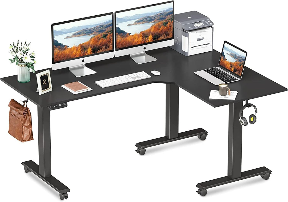 Triple Motor L-Shaped Electric Standing Desk, 63 inches Height Adjustable, Black Frame Rustic Brown Top O913273