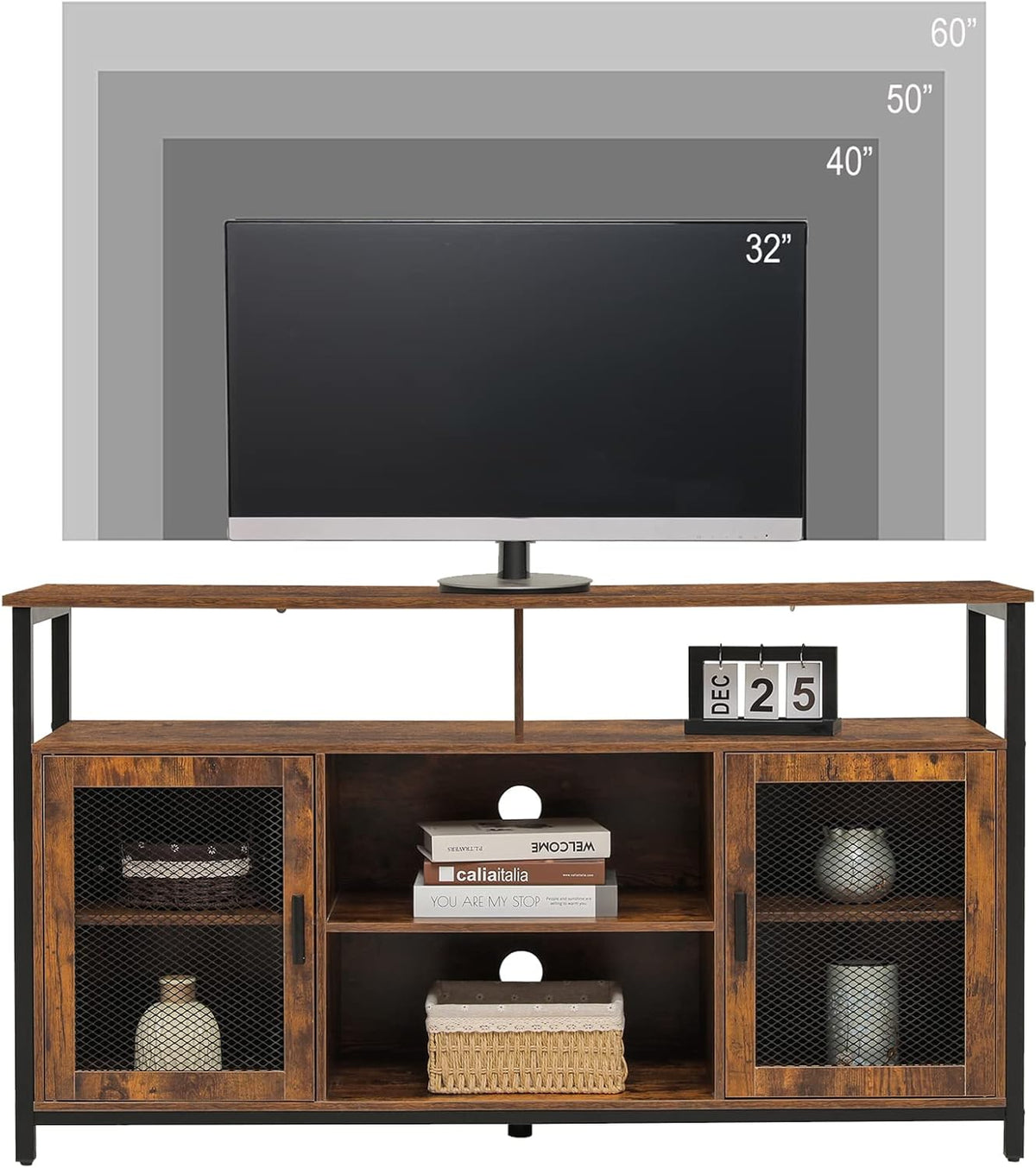 Rustic Brown TV Stand with Storage Shelves I889
