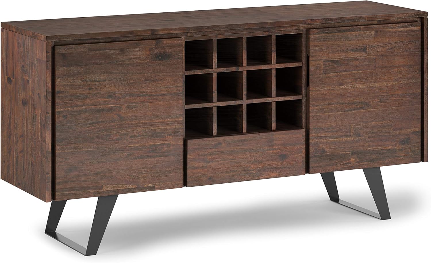Rustic Natural Aged Brown Solid Acacia Wood and Metal Rectangle Sideboard Buffet with Storage Compartment and 3 Drawers E8801