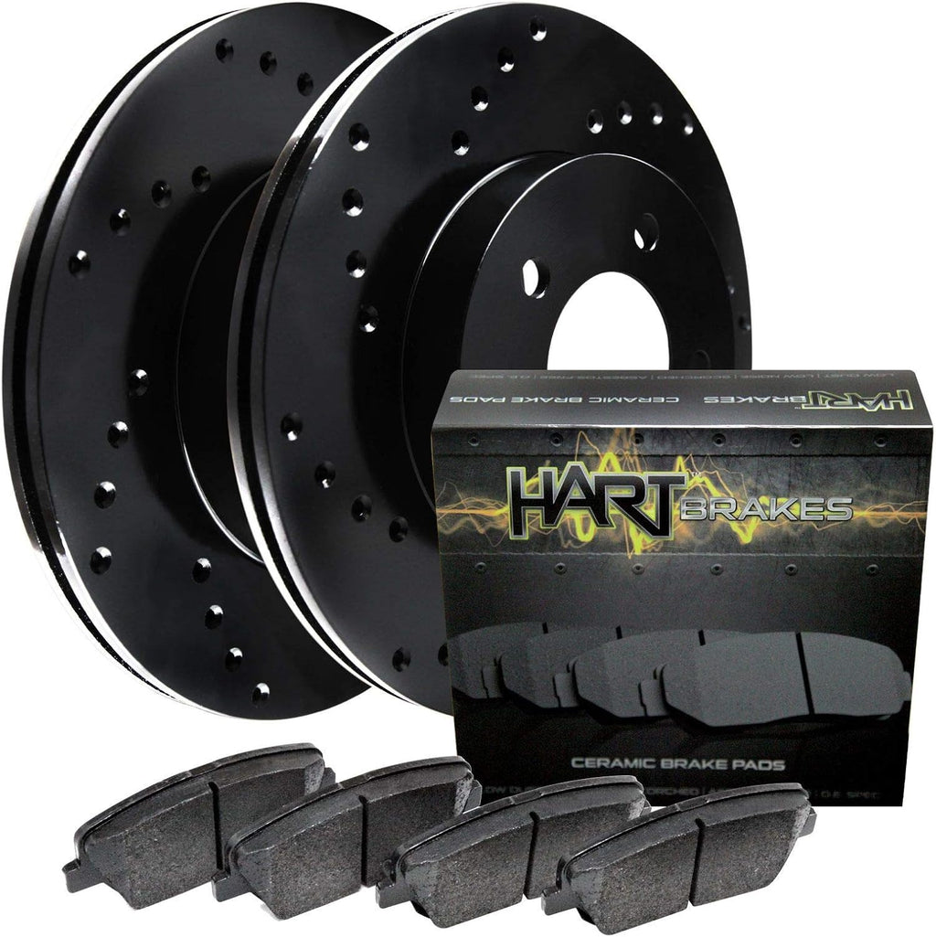 Front Black Hart Drilled Brake Rotors and Brake Pad T552646