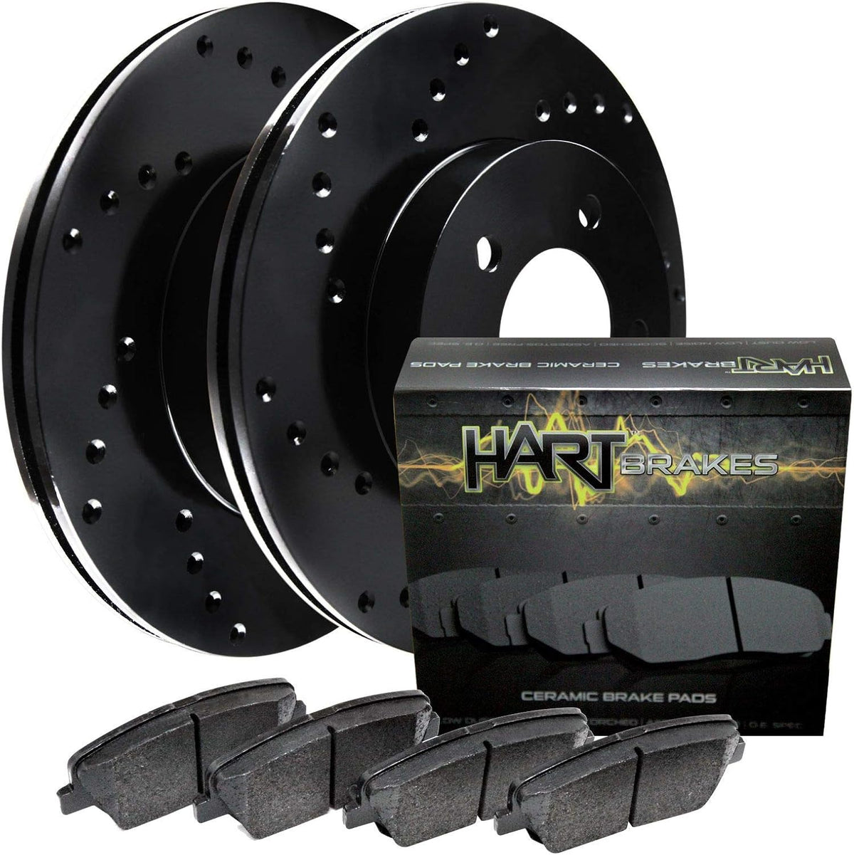 Front Black Hart Drilled Brake Rotors and Brake Pad T552646