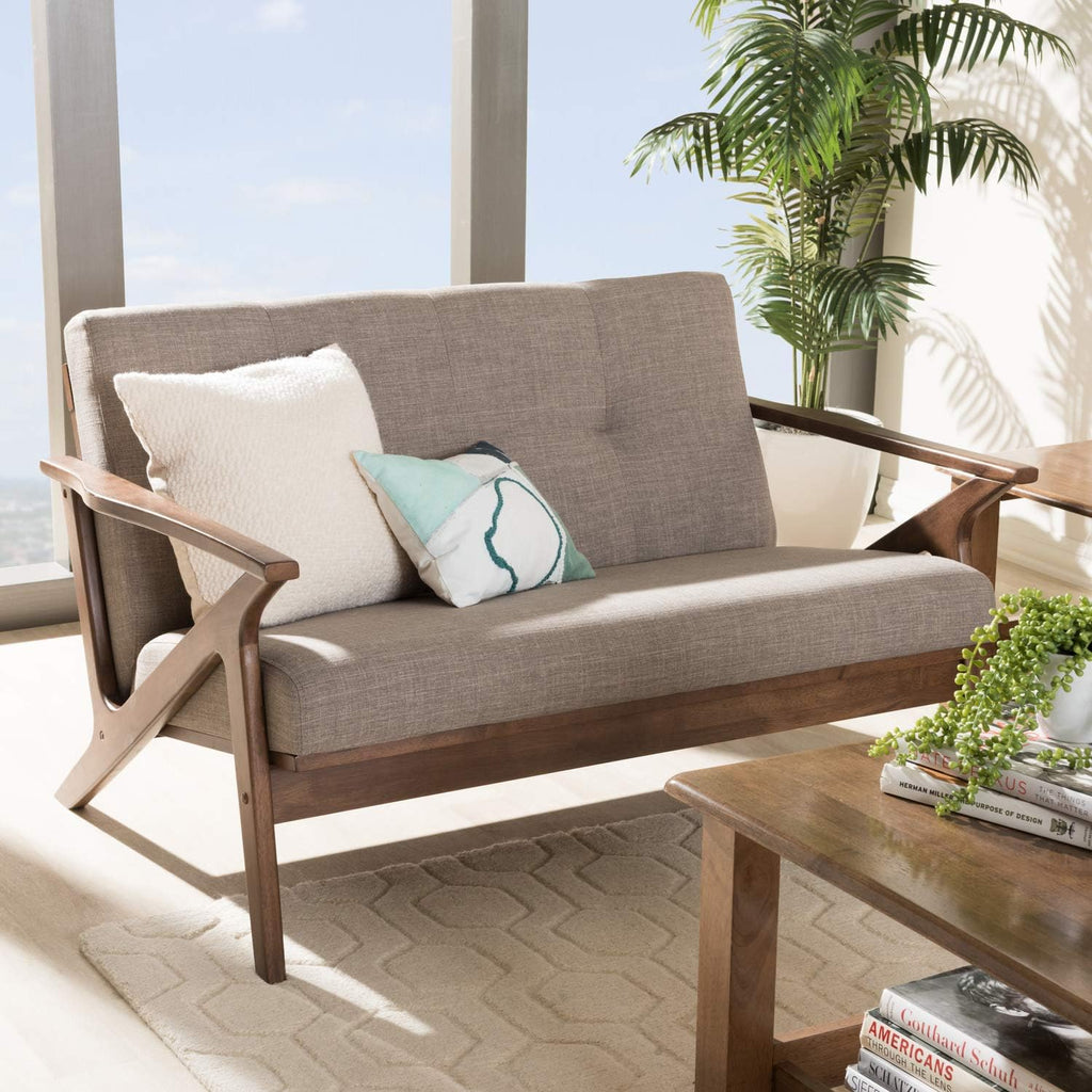 Walnut Wood Light Grey Fabric Tufted 2-Seater Loveseat C44261