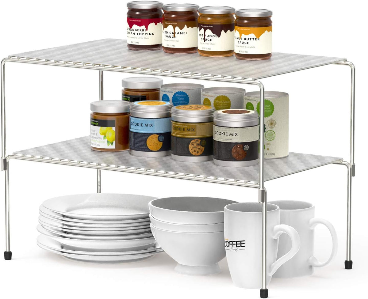 Set of 2 Stackable Expandable Storage Shelves with Anti-Slip Liners, Silver Q622