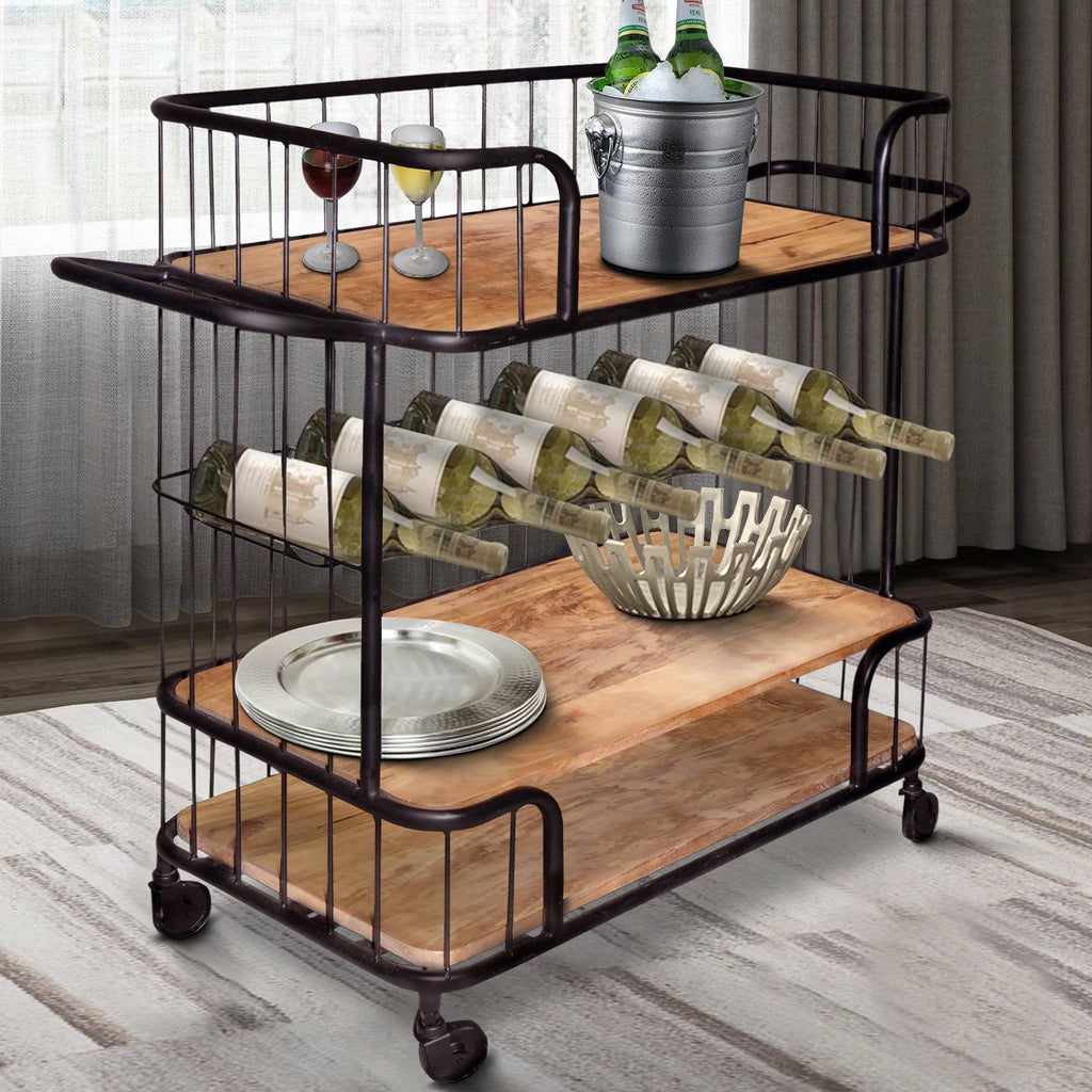 Black and Brown Metal Frame Bar Cart with Wooden Top and 2 Shelves F60342