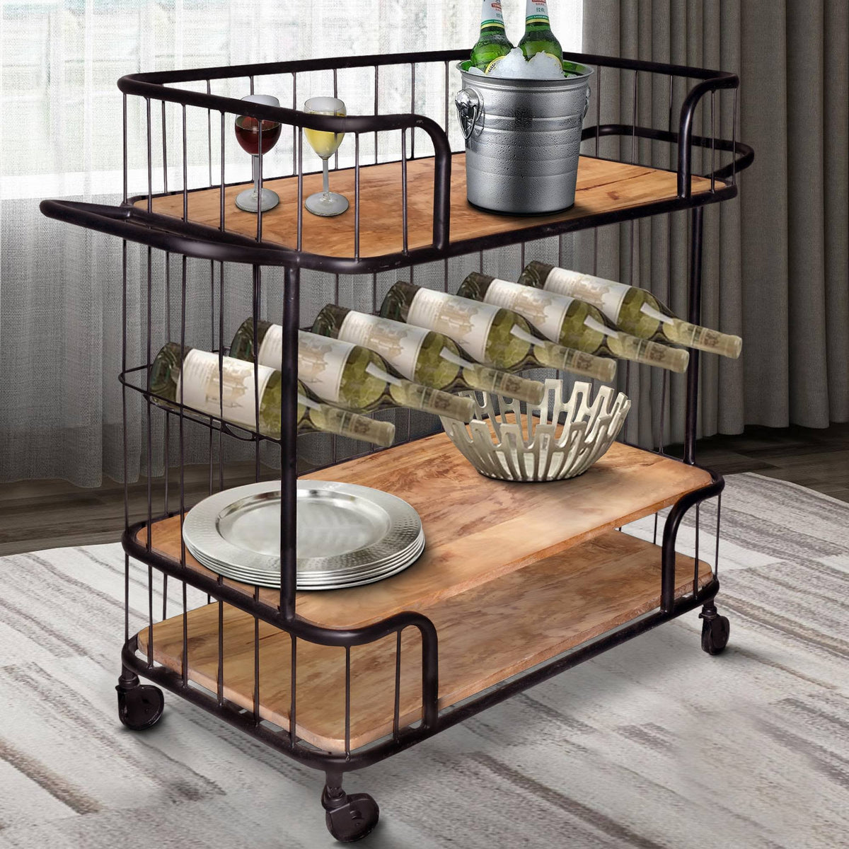 Black and Brown Metal Frame Bar Cart with Wooden Top and 2 Shelves F60342