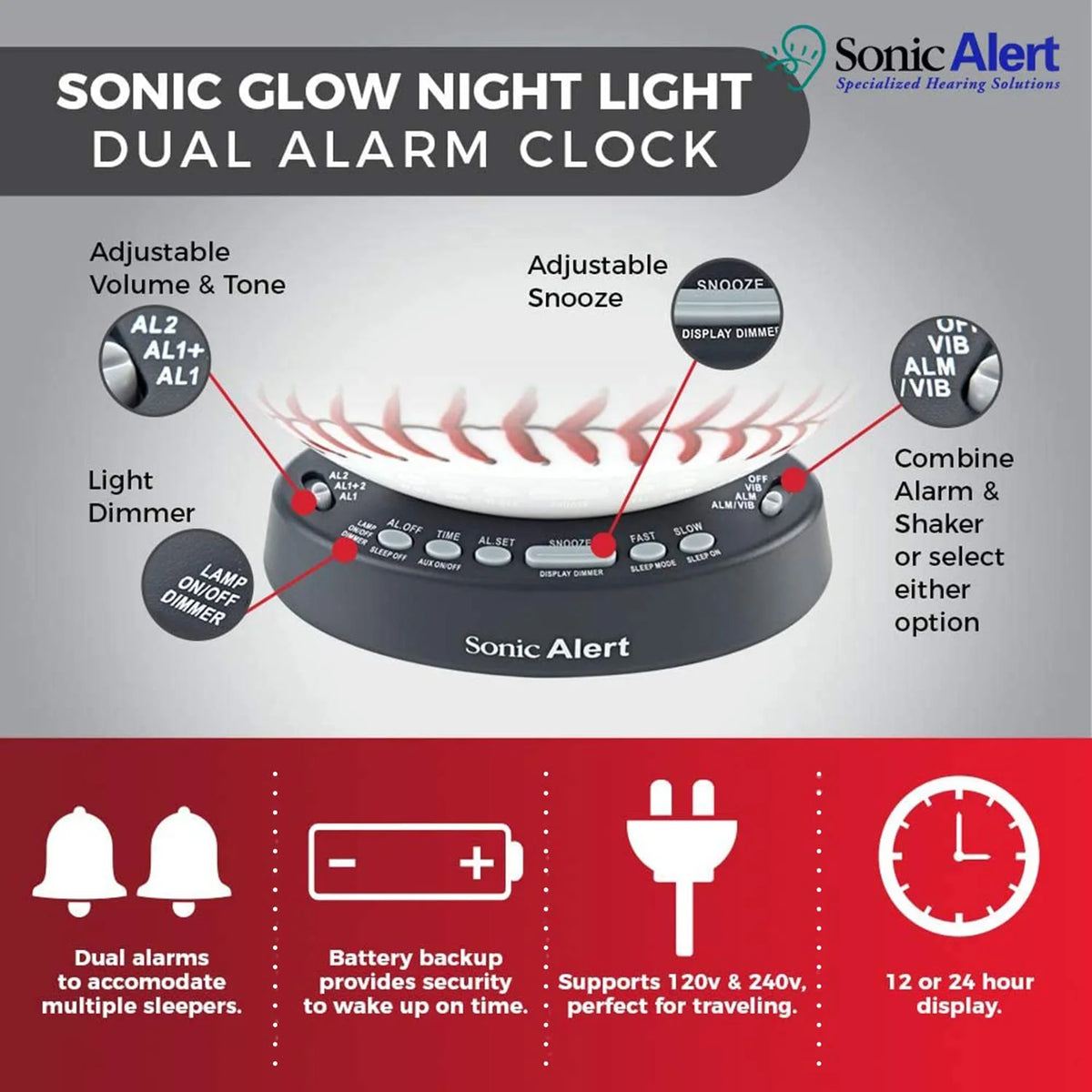 White Digital Alarm Clock with Bed Shaker S491