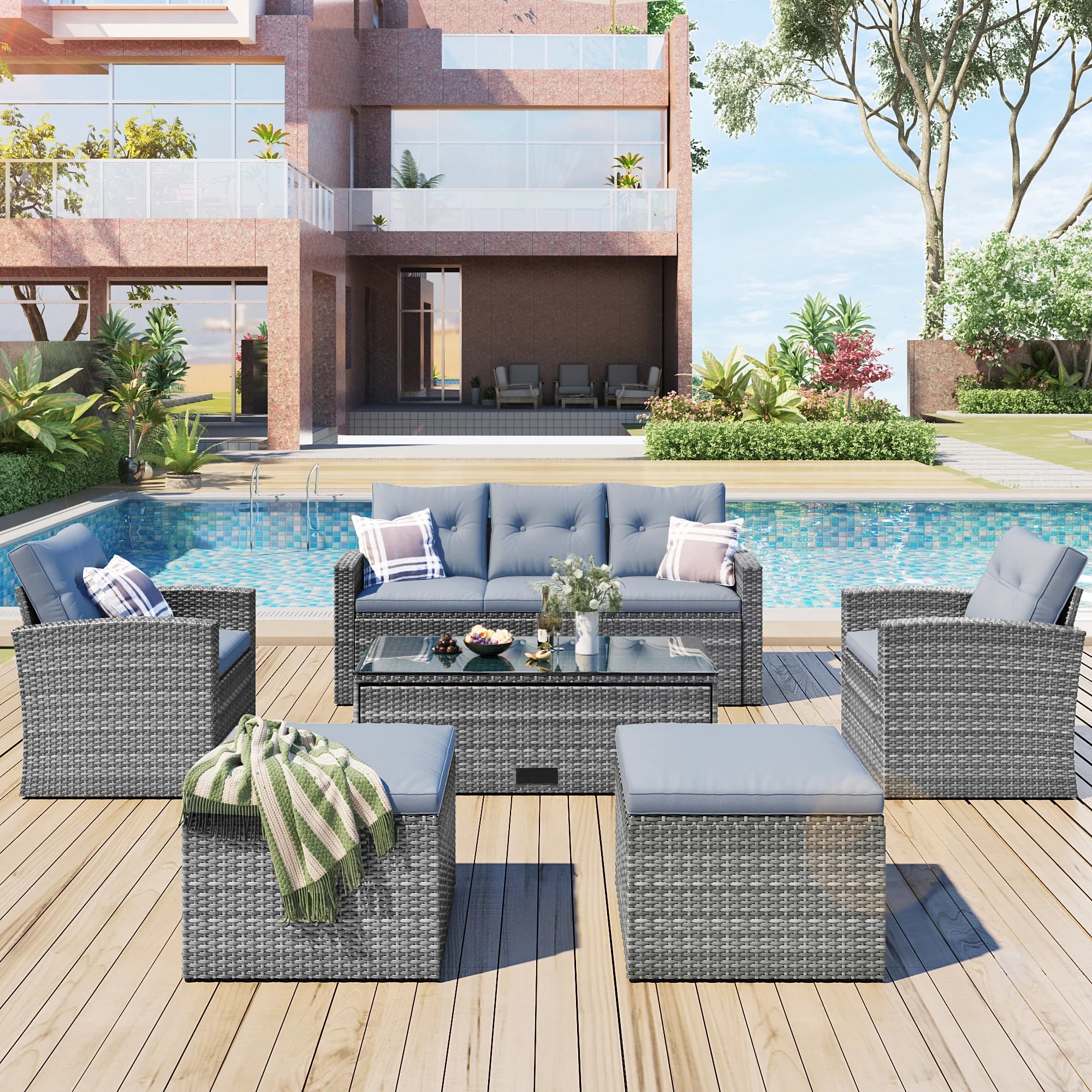 6-piece Wicker PE Rattan Patio Outdoor Dining Conversation Sectional Set with Coffee Table J781861