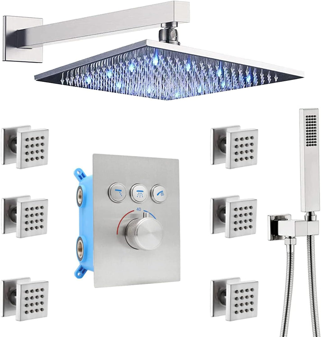 12 Inch Ceiling Rain Shower Head Combo System with Body Jets and Handheld, Matte Black Shower Faucet Fixture Set E356794