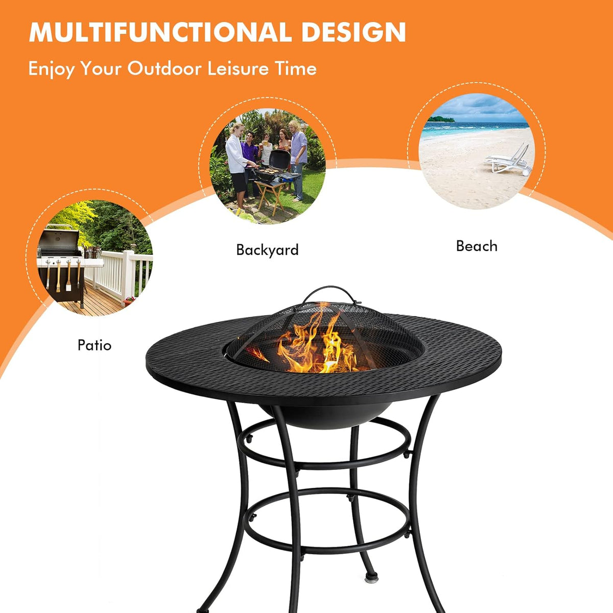 32 Inch Metal Wood Burning Fire Pit with Cover and Grill Grate E21836