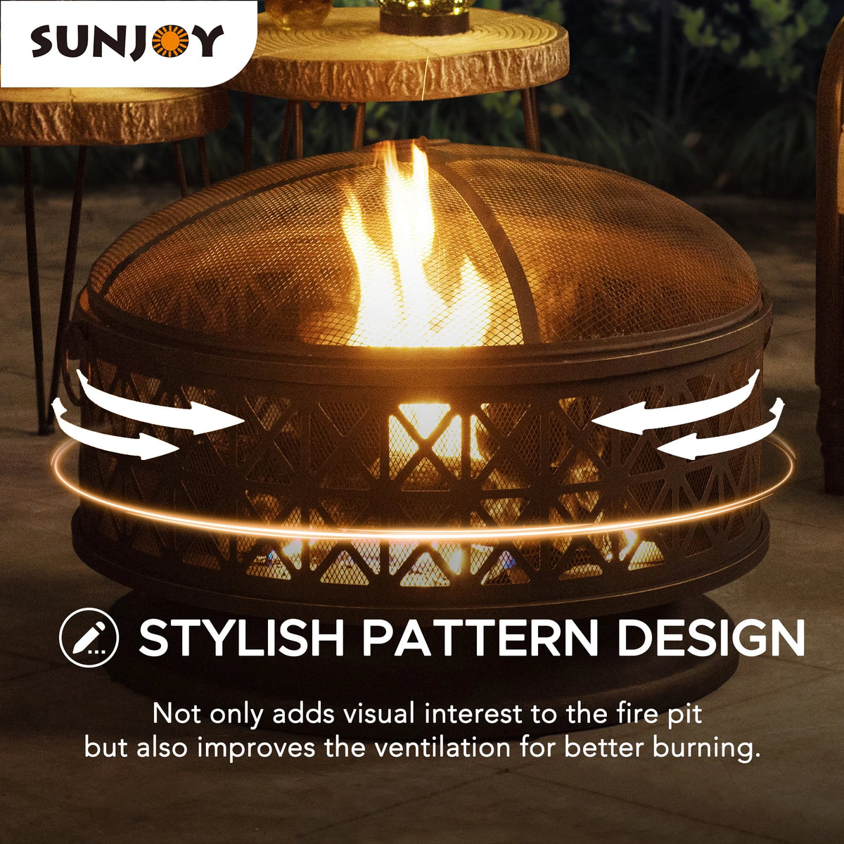 Black Round Steel Outdoor Fire Pit with Spark Screen and Fire Poker L295