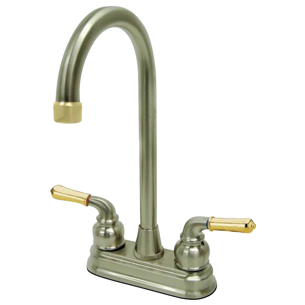 Satin Nickel & Polished Brass Two-Handle Centerset High-Arch Bar Faucet E3942