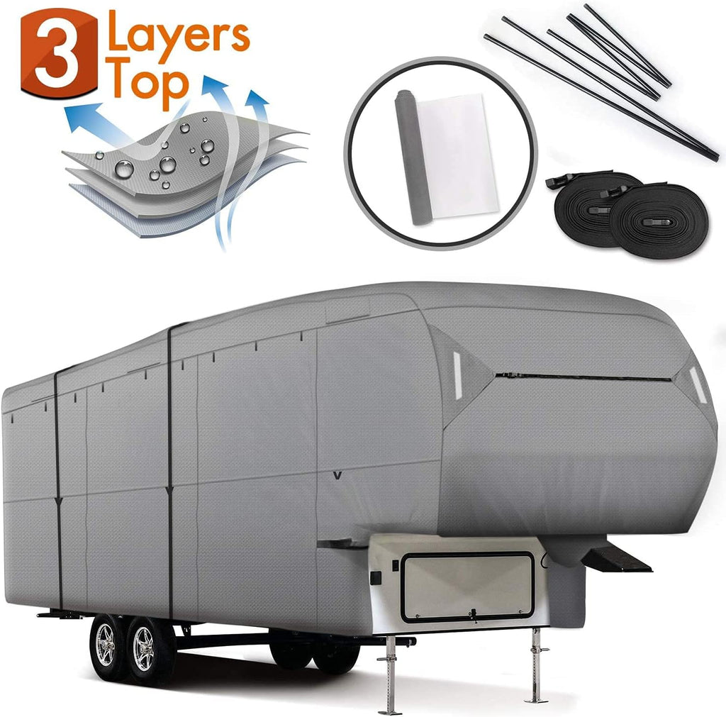 5th Wheel RV Cover 3-Ply Ripstop Waterproof with Steel Pole T7492