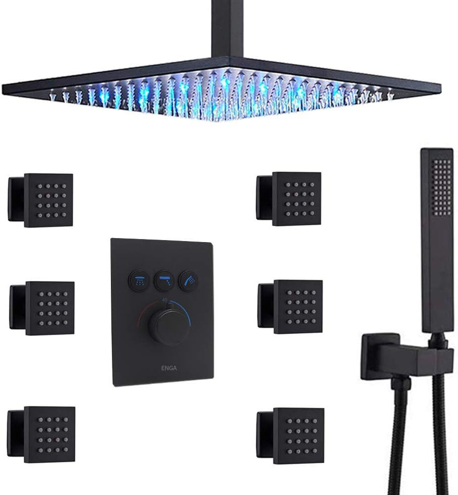 12 Inch Ceiling Rain Shower Head Combo System with Body Jets and Handheld, Matte Black Shower Faucet Fixture Set E356794