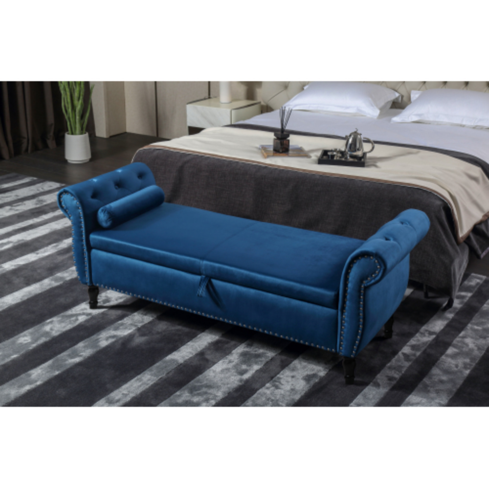Blue Velvet Storage Bench Ottoman with Pillow I254