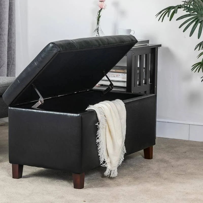 Black Button Tufted Faux Leather Storage Bench Ottoman K858924
