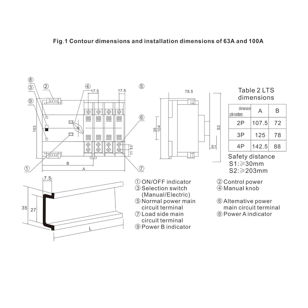 Mini ATS 2P Automatic Transfer Switch 63A 100A B1904