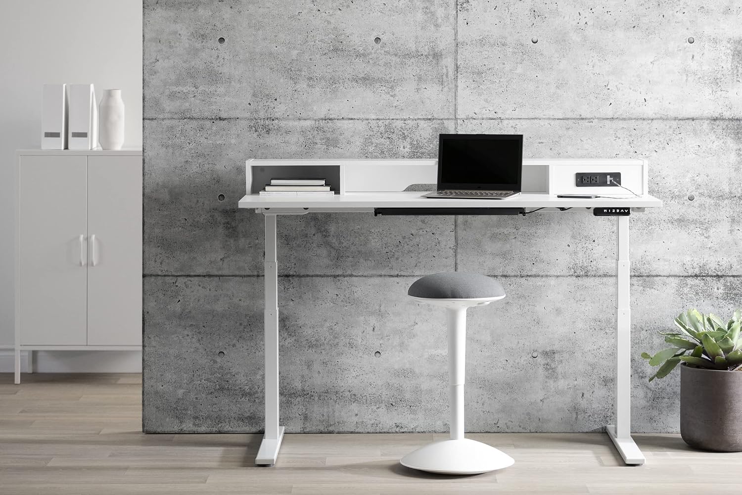 Pure White Adjustable Height Standing Desk with Built In Power Bar R137481