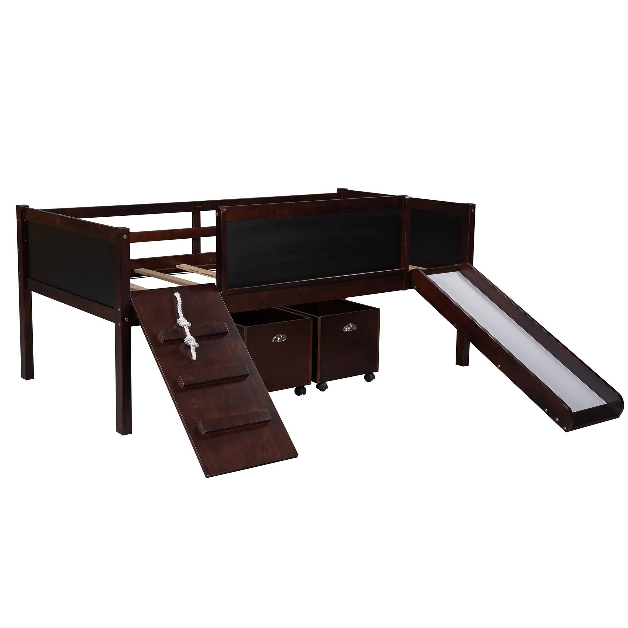 Espresso Pine Wood Twin Loft Bed with 2 Storage Boxes I437