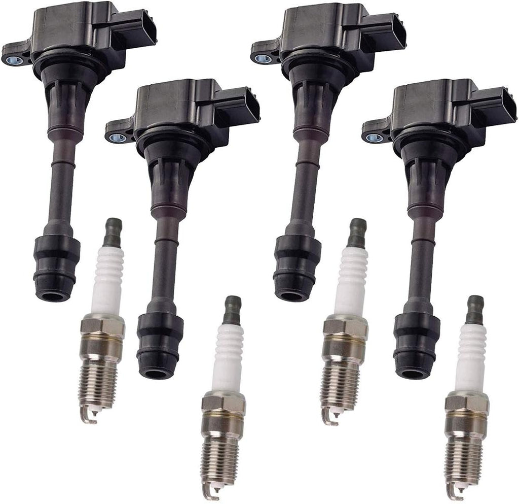 Set of 4 Platinum Spark Plug and 4 Ignition Coil Pack Compatible with Nissan 2.5L DOHC S230