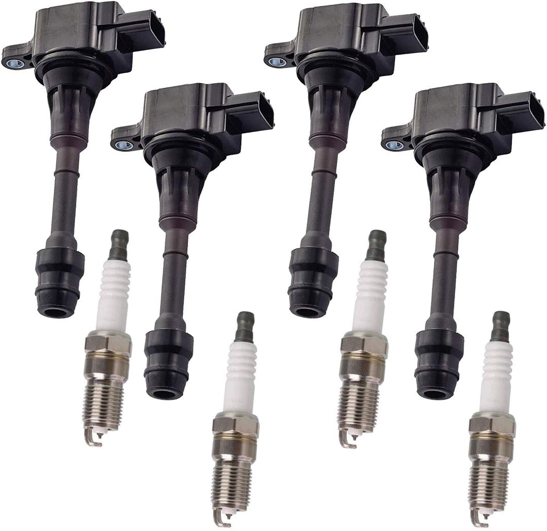 Set of 4 Platinum Spark Plug and 4 Ignition Coil Pack Compatible with Nissan 2.5L DOHC S230