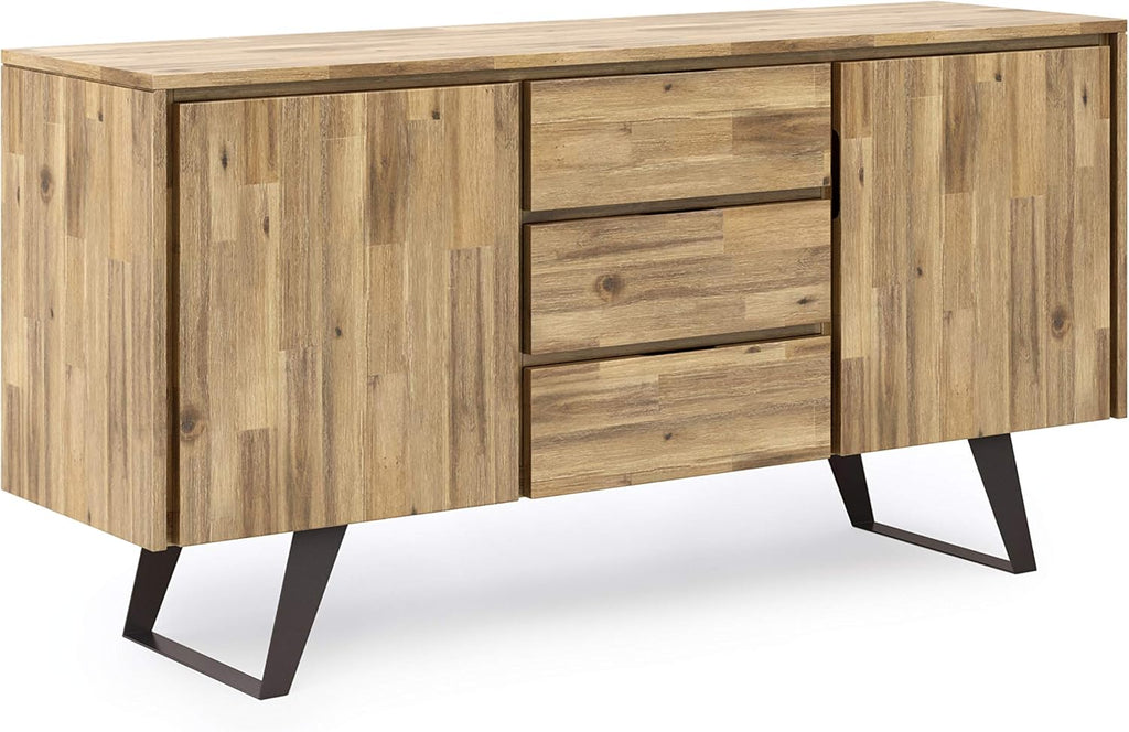 Rustic Natural Aged Brown Solid Acacia Wood and Metal Rectangle Sideboard Buffet with Storage Compartment and 3 Drawers E8801